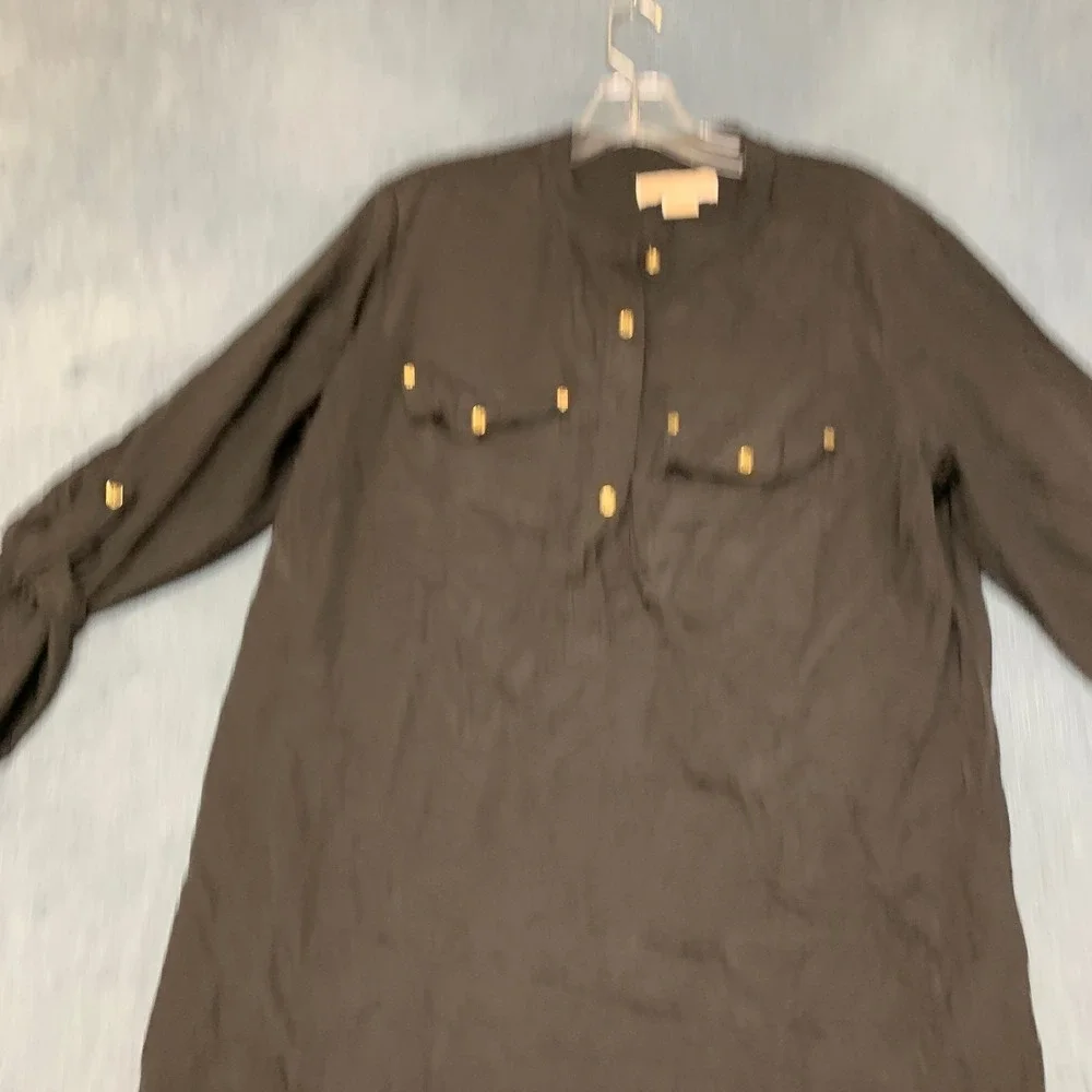 Michael Kors Blouse Top Womens 1X Black Pockets Roll Tab Sleeve Casual Pullover